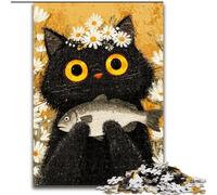 Black Cat Eating Fish JigsawPuzzle 1000 Pieces for Teenagers, Fun Games Every Piece Is Unique - Challenging Family Fun Game 26x38cm