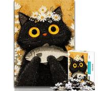 Black Cat Eating Fish Puzzles for Adults Teens 1000pc Puzzle,Help The Brain Exercise Addictive Toys to Cultivate Patience A Work of Art (38x26cm)