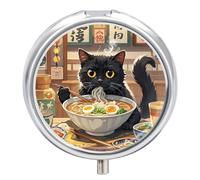 Black Cat Eating Metal Pill Organizer, 3 Compartment Waterproof Pill Case with Mirror for Purse Pocket Bag, Daily Medicine Vitamin Holder, Portable Travel Med Container(Round)