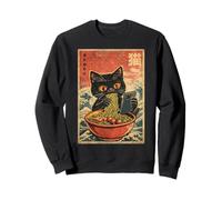 Black Cat Eating Noodles Japanese Bowl Checking Scroll Phone Sweatshirt