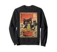 Black Cat Eating Noodles Japanese Bowl Taking Selfie Phone Sweatshirt