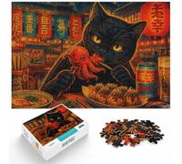 Black Cat Eating Octopus and Drinking Soda Jigsaw Puzzle, 1000 Piece | For shared winter evenings: Adult jigsaw puzzle with 1000 pieces; for family downtime during the festive period.