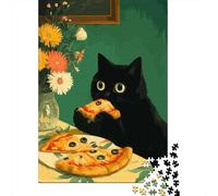 Black Cat Eating Pizza Art Cat Theme Jigsaw Puzzle 1000 Pieces, 70x50cm/1000pcs