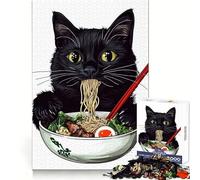 Black Cat Eating Ramen Illustration 1000 Piece Jigsaw Puzzles for Adults Jigsaw Critical Think Mindful Escape Firm Fit Ideal Xmas Gift (50x75cm)