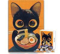 Black Cat Eating Ramen Illustration Adults 1000 Pieces Puzzle Strategic Thinking Learning Game Ideal Meaningful Gift for Any Event Size 38x26cm