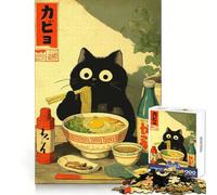Black Cat Eating Ramen Illustration Jigsaws 1000 Pieces for Adults Focus Ability Mindful Escape Interlock Well Meaningful Gift (38x52cm)