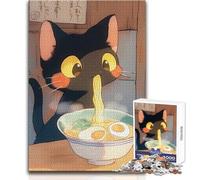 Black Cat Eating Ramen - Japense Food Adults 1000 Pieces Puzzle Strategic Thinking Learning Game Ideal Meaningful Gift for Any Event Size 38x26cm