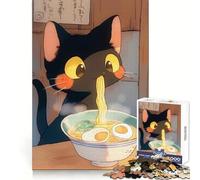 Black Cat Eating Ramen - Japense Food Jigsaws 1000 Pieces for Adults Focus Ability Mindful Escape Interlock Well Meaningful Gift (38x52cm)