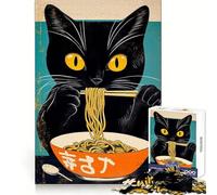 Black Cat Eating Ramen Jigsaws 1000 Pieces for Adults Focus Ability Mindful Escape Interlock Well Meaningful Gift (50x75cm)