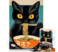 Black Cat Eating Ramen Jigsaws 1000 Pieces for Adults Focus Ability Mindful Escape Interlock Well Meaningful Gift (38x26cm)