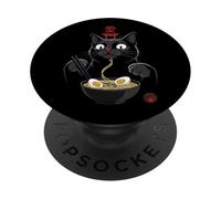 Black Cat Eating Ramen Noodles Japan Kanji Love Anime Design PopSockets Adhesive PopGrip