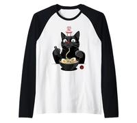Black Cat Eating Ramen Noodles Japan Kanji Love Anime Design Raglan Baseball Tee