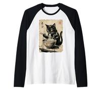 Black Cat Eating Ramen Noodles Japanese Vintage Painting Raglan Baseball Tee