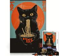 Black Cat Eating Ramen Poster 1000 Piece Jigsaw Puzzles for Adults Jigsaw Critical Think Mindful Escape Firm Fit Ideal Xmas Gift (50x75cm)
