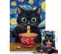 Black Cat Eating Ramen Van Gogh Style 1000 Piece Jigsaw Puzzles for Adults Jigsaw Critical Think Mindful Escape Firm Fit Ideal Xmas Gift (38x26cm)