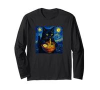 Black Cat Eating Ramen Vincent Van Goghs Style Starry Night Long Sleeve T-Shirt
