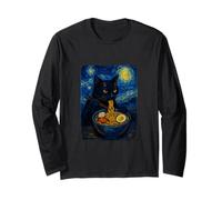 Black Cat Eating Ramen Vincent Van Goghs Style Starry Night Long Sleeve T-Shirt