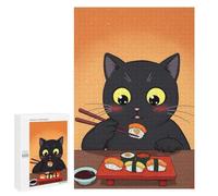 Black Cat Eating Sushi Illustration Jigsaw Puzzle, 1000 PCS, Relaxing Activity for Adults, An Engaging Indoor Activity for Quiet Evenings, at Home