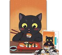 Black Cat Eating Sushi Illustration Jigsaw Puzzle for Adults, 1000 Pieces | Border-first building - easier piece organisation during indoor leisure.