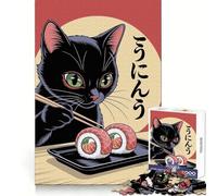 Black Cat Eating Sushi Illustration Puzzles for Adults 1000 Piece Reasoning Practice Peaceful Recreation Interlock Well Seasonal Gift (38x52cm)