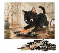 Black Cat Eating Sushi with Chopsticks Jigsaw Puzzle, 1000 Pieces | A hands-on home pastime - a simple way to organise the image at your own pace.