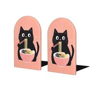 Black Cat Eats Ramen Bookends For Shelves 2 Pcs Wooden Book Stopper Organizer For Home Office Libraries