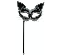 Bristol Novelty EM424 Cat Mask on Stick | Black and Silver | Pack of 1 Eye, Womens, Multi-Colour, One Size