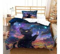 Black Cat Fantasy-magical Night Sky Art Duvet Cover Set 2 PCS Hotel Quality Quilt Cover Bedding Sets Bed Covers with Pillowcases with Zipper Closure Ultra Soft Anti Allergic Microfiber Single（135x200c