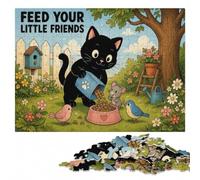 Black Cat Feeding Little Friends Jigsaw Puzzle for Adults, 1000 Pieces | Fresh-start puzzle gift: hands-on indoor leisure during indoor leisure.