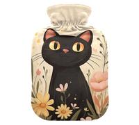 Black Cat Floral Beige Pattern Hot Water Bottle with Cover for Pain Relief Heating Bottle for Back Pain, 2L