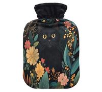 Black Cat Floral Dark Pattern Hot Water Bottle with Cover for Pain Relief Heating Bottle for Warming Hands, 1L