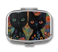 Black Cat Flower Pill Case Box with 2 Compartment Medicine Vitamin Organizer for Purse Pocket 5.5x4cm