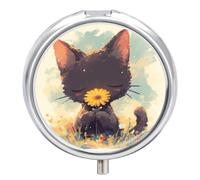 Black Cat Flower Pill Case Box with 3 Compartment Medicine Vitamin Organizer for Purse Pocket 5x5cm