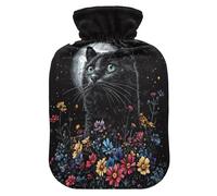 Black Cat Flowers Dark Pattern Hot Water Bottle with Cover for Pain Relief Bed Warmer for Shoulder Pain, 1L