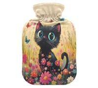 Black Cat Flowers Yellow tag3 Hot Water Bottle with Cover for Pain Relief tag1 for tag2, 1L