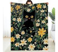 Black Cat Flowery Field Daisies Flannel Blanket, Soft Warm Durable Multi-Purpose Blanket for Sofa, Travel, Camping, All Season 50 * 60in