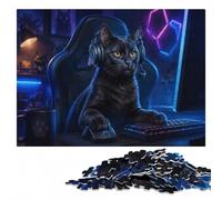 Black Cat Gamer Illustrated Wooden Jigsaw Puzzle 1000 Pieces for Adults | Section-by-section building: a simple way to organise the image over several sessions.