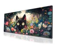 Black Cat Gaming Mouse Pad Colorful Flower Large Desk Mat, 31.5x11.8 Inch Mousepad Extended Non-Slip Rubber Base Keyboard Mat with Stitched Edges for Desk Home Office