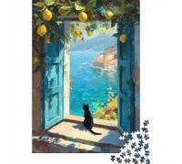 Black Cat Gazes at Mediterranean Coast Jigsaw Puzzle 1000 Pieces for Peaceful Time, 52x38cm/1000pcs