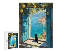 Black Cat Gazes at Mediterranean Coast Jigsaw Puzzle, 500 PCS, Relaxing Activity for Adults, A Creative Way to Unwind after A Busy Day, for Family Fun