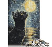Black Cat Gazing at Moon Puzzles 1000 Pieces for Teenagers Gifts Paper Puzzle Adult Jigsaw Puzzle Family Fun Jigsaws Puzzles 38x26cm/1000pcs
