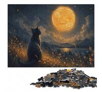 Black Cat Gazing at The Moon Adult Wooden Jigsaw Puzzle | Border-first building: a simple way to organise the image at home.