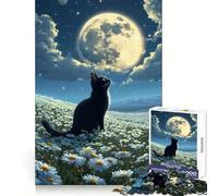Black Cat Gazing at The Moon Jigsaw 1000 Pieces for Teenagers Reasoning Skill Serene Escape Sharp Cut Thoughtful Gift (38x52cm)