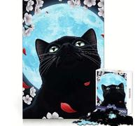 Black Cat Gazing at The Moon Jigsaws 1000 Pieces for Adults Mental Sharpness Cozy Pastime Precise Fit Holiday Treat (50x75cm)
