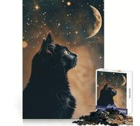 Black Cat Gazing at The Moon Jigsaws 1000 Pieces for Adults Mental Sharpness Cozy Pastime Precise Fit Holiday Treat (38x26cm)