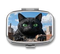 Black Cat Giant City pilldispenser with Mirror 2 Compartments Waterproof PillCase for Purse Pocket Non-Slip Grip Travel Medicine Organizer Container Box for Vitamin Fish Oil Supplement