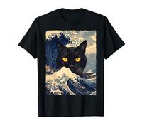 Black Cat Great Wave Kanagawa Fuji Japanese Ukiyo-e Art T-Shirt