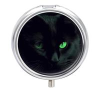 Black Cat Green Eyes Pill Box with 3 Compartments Round Portable Pill Organizer Compact Small Pill Case for Pocket Purse Mini Metal Pill Container Cute Vitamin Holder for Pills Supplements