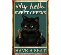 Black Cat Hairdresser Why Hello Sweet Cheeks Have A Seat Toilet Decor Poster Wall Art Tin Sign Decor Metal Sign Poster 8X12 Inches