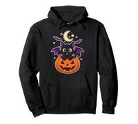 Black Cat Halloween Bat Wings Emerald Eyes Moon Stars Cute Pullover Hoodie